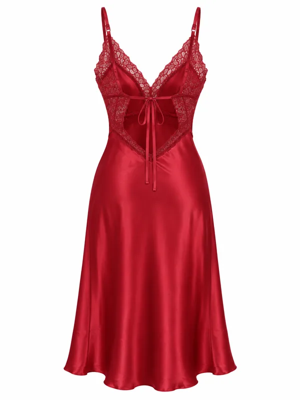 Lace-Trim Satin Midi Slip, Burgundy, studio, back