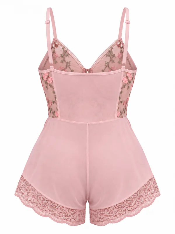 Floral Embroidered Mesh Lace-Up Teddy, Pink, studio, back