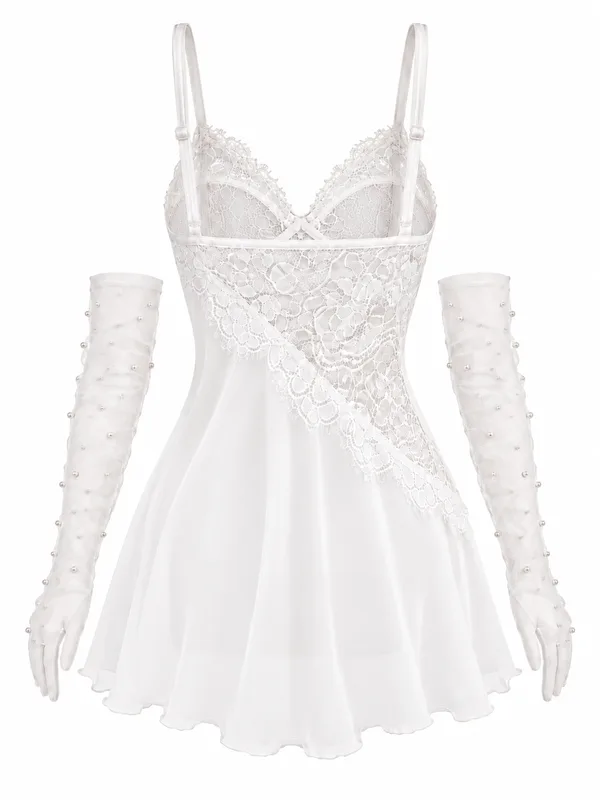 Lace Mesh Babydoll, White, studio, back