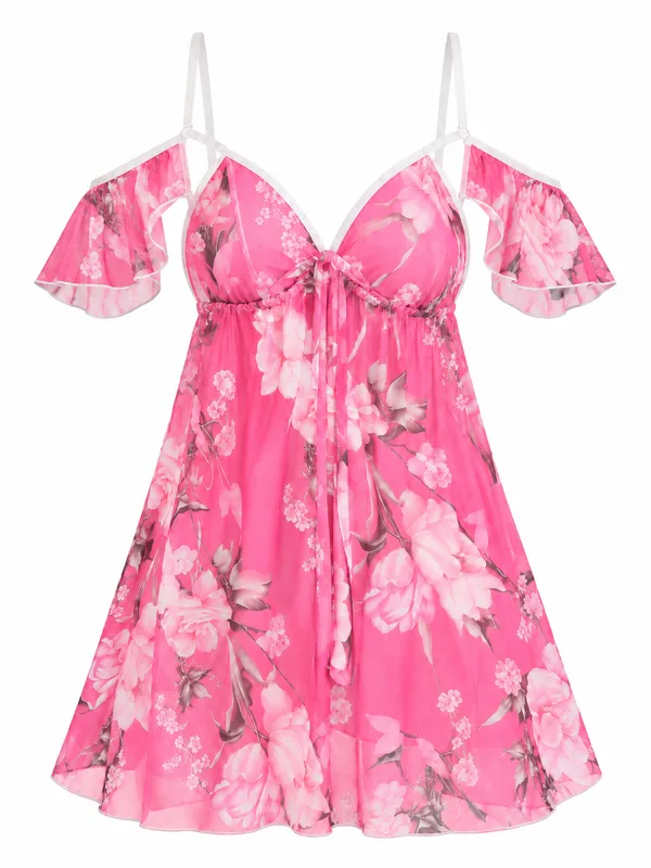 Floral Mesh Cold-Shoulder Babydoll, Pink, studio, front