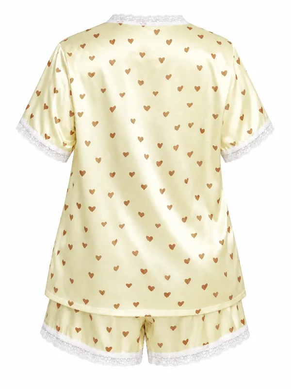 Heart-Print Satin Lace-Trim Pajama Shirt and Shorts, Yellow, studio, back