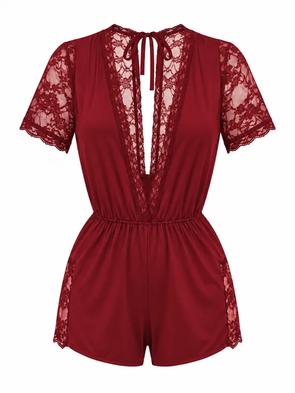 Deep V-Neck Lace-Trim Mesh Romper, Burgundy, studio, front