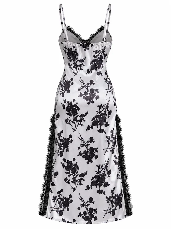 Floral Print Lace-Trim Satin Slip, White, studio, back