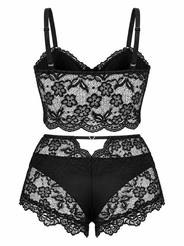 Lace Longline Bralette and Satin Lace Boyshort Panty, Black, studio, back