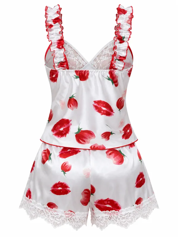 Lace-Trim Satin Cami Top and Shorts, White, studio, back