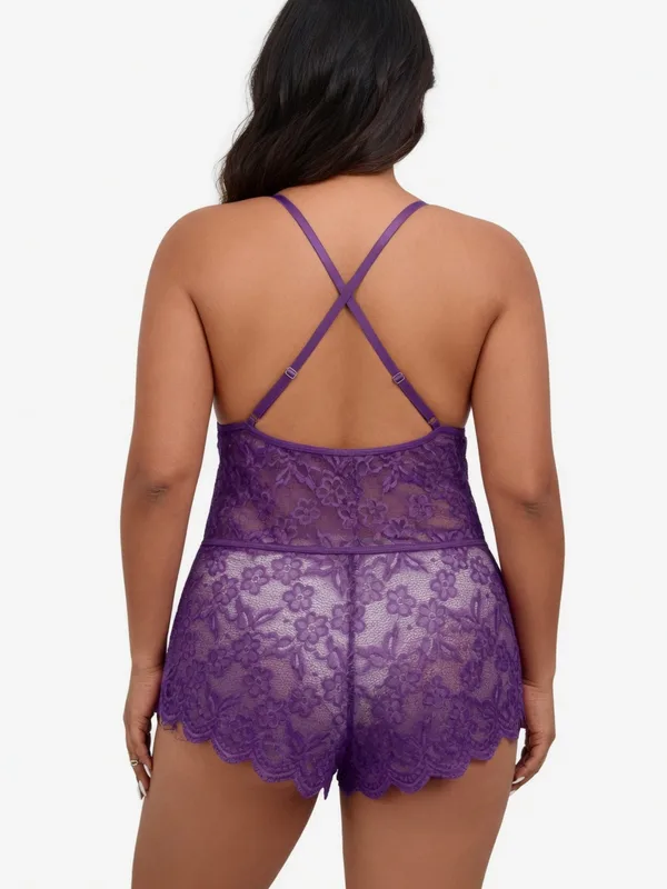Lace Cutout Chain Teddy, Purple, model, back