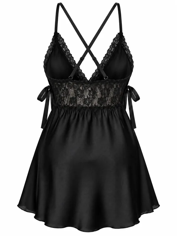 Lace-Trim Satin Babydoll, Black, studio, back