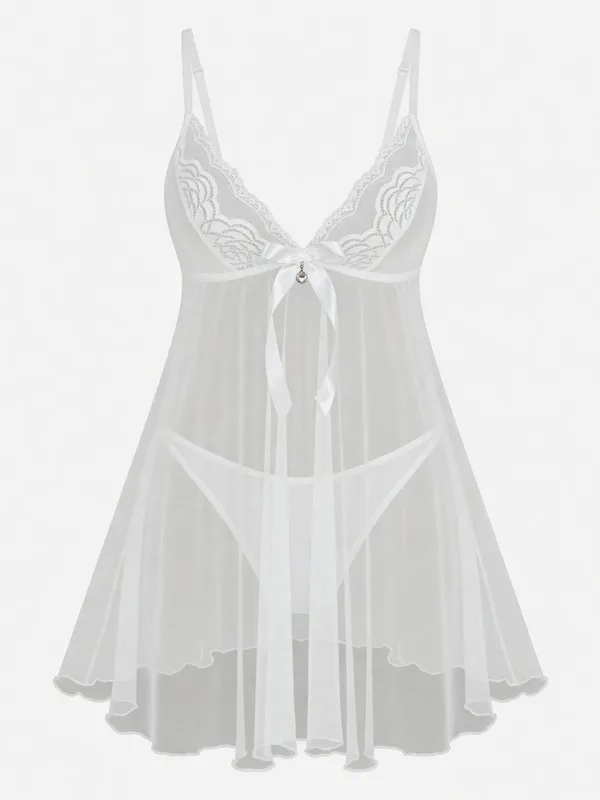 Lace-Trim Mesh Babydoll, White, studio, front