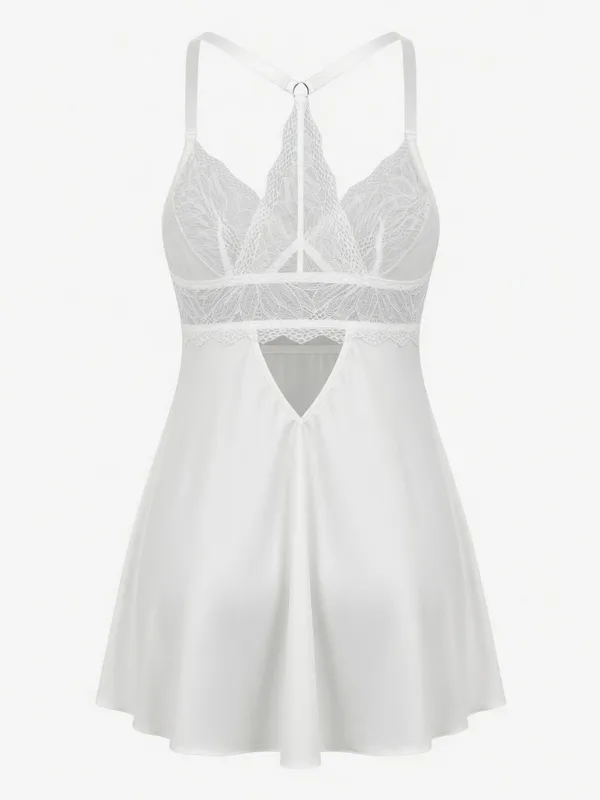 Lace Bodice Racerback Babydoll, White, studio, back