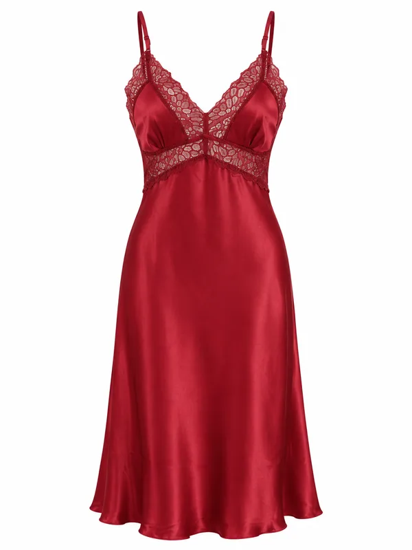 Lace-Trim Satin Midi Slip, Burgundy, studio, front