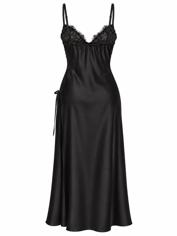 Lace-Trim Satin Long Slip, Black, studio, back
