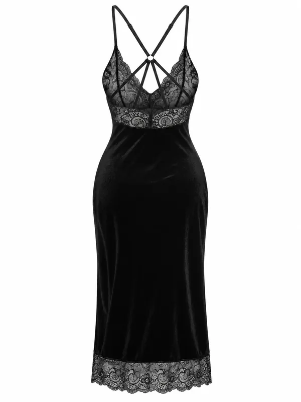 Lace-Trim Long Slip Dress, Black, studio, back