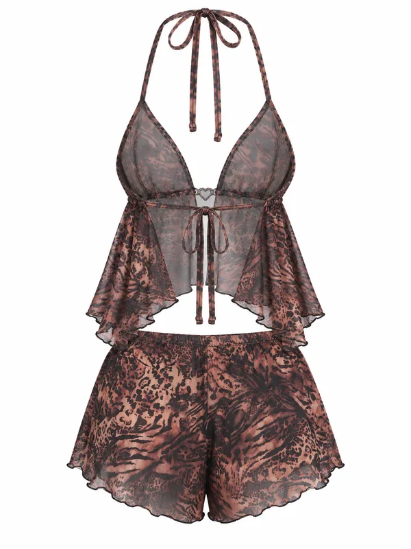 Animal Print Mesh Halter Top and Ruffle Shorts, Leopard Print, studio, back