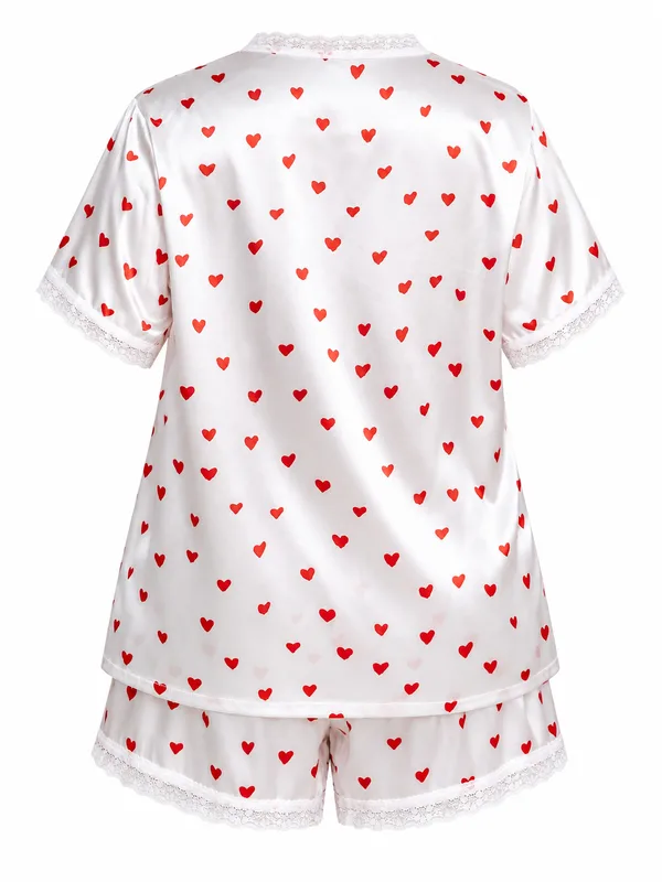 Heart-Print Satin Lace-Trim Pajama Shirt and Shorts, White, studio, back
