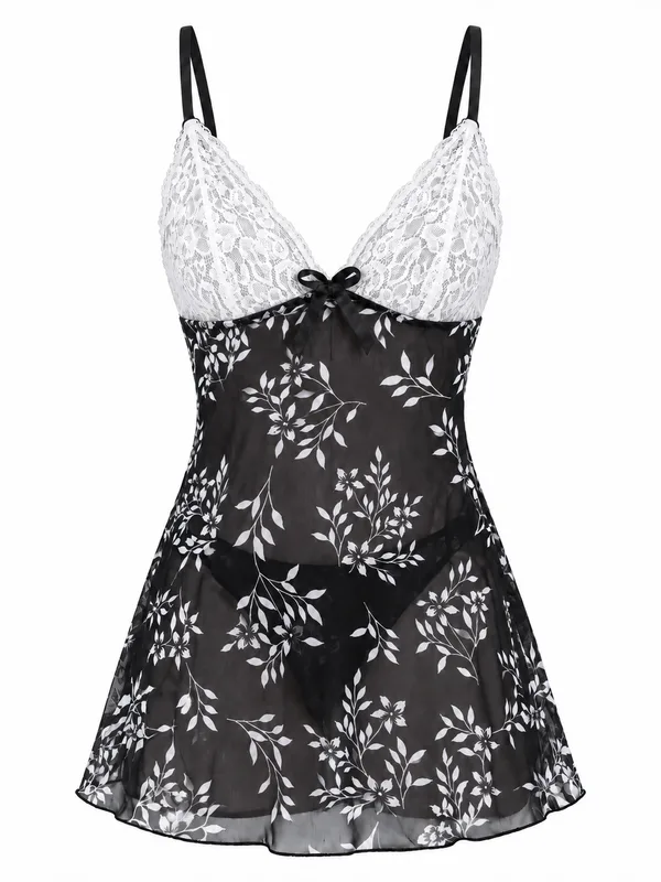 Lace Mesh Floral Babydoll, Black, studio, front