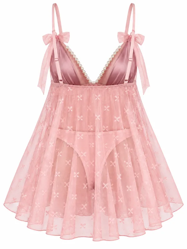 Pearl-Trim Satin and Mesh Babydoll, Dusty Pink, studio, back