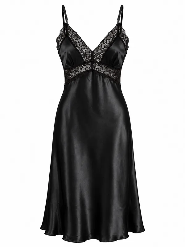Lace-Trim Satin Midi Slip, Black, studio, front
