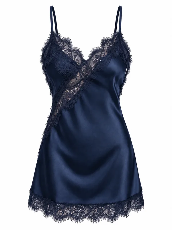 Lace-Trim Satin Slip, Navy Blue, studio, front
