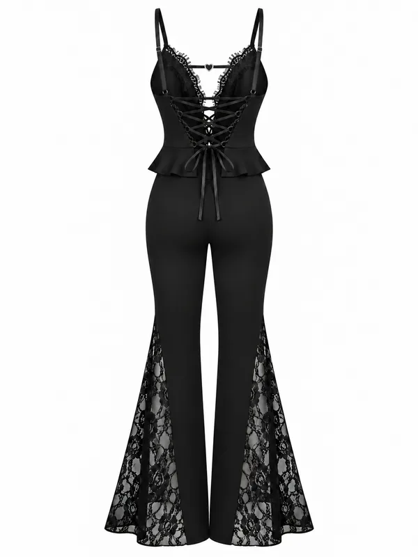Lace-Trim Lace-Up Cami and Flared Pants Set, Black, studio, back