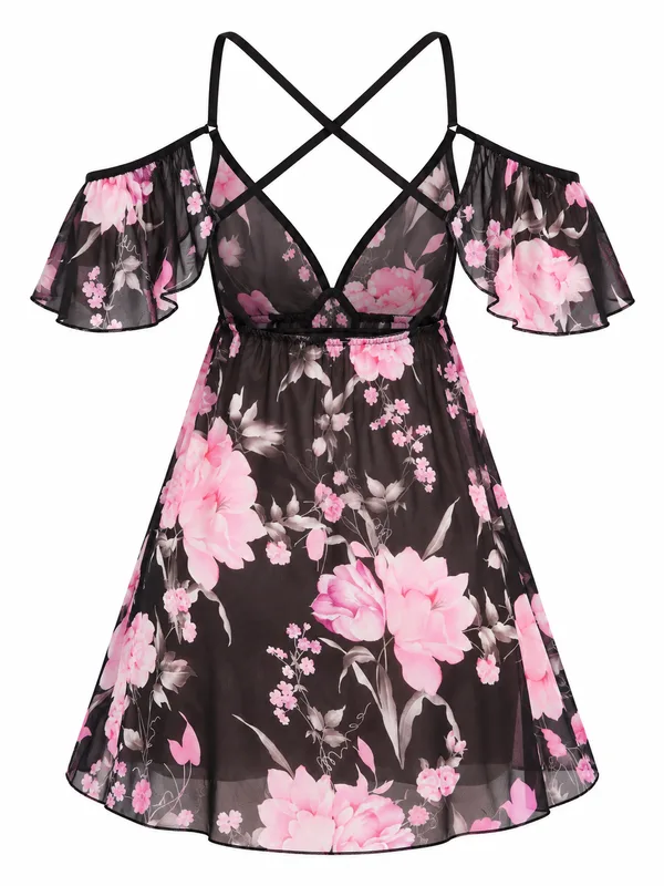 Floral Mesh Cold-Shoulder Babydoll, Black, studio, back