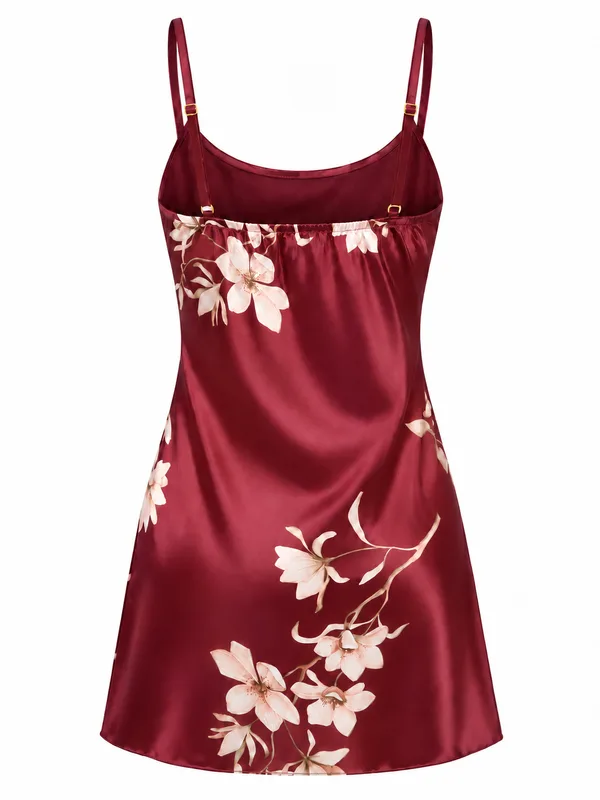 Satin Floral Mini Slip, Burgundy, studio, back