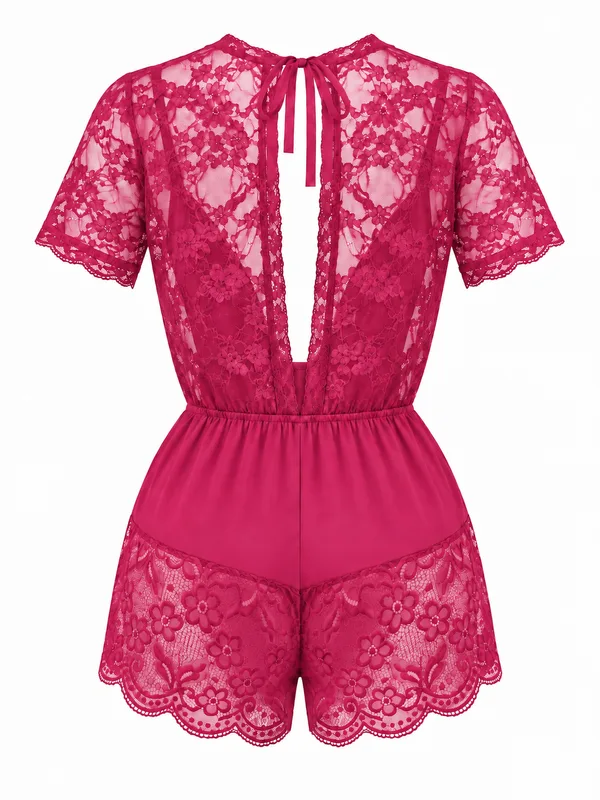 Deep V-Neck Lace-Trim Mesh Romper, Fuchsia, studio, back