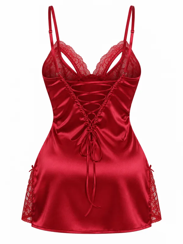 Lace-Trim Satin Lace-Up Slip, Burgundy, studio, back