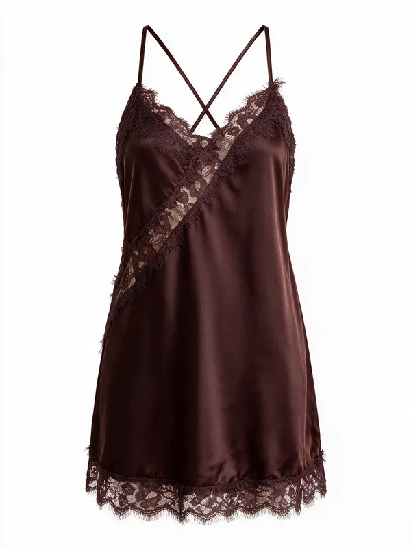 Satin Lace-Trim Cross-Back Slip in Brown
