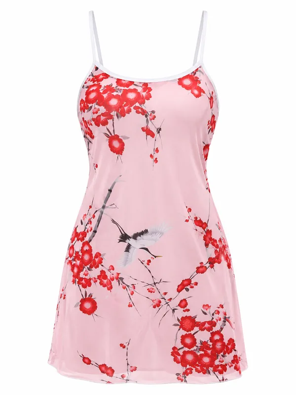 Spaghetti-Strap Floral-Print Babydoll, Pink, studio, front