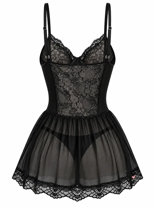 Lace-Trim Mesh Babydoll, Black, studio, back