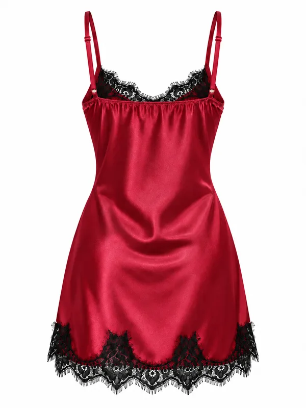 Lace-Trim Satin Slip, Burgundy, studio, back