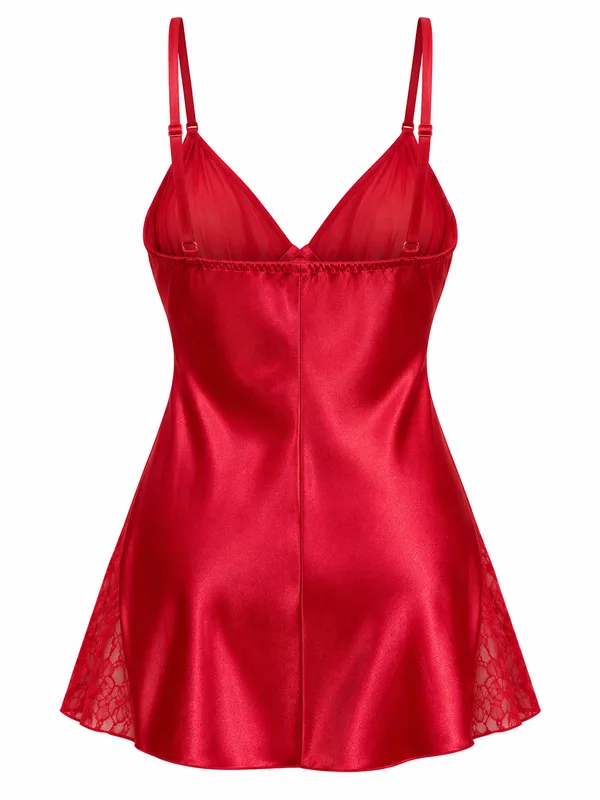 Lace-Trim Satin Slip, Red, studio, back
