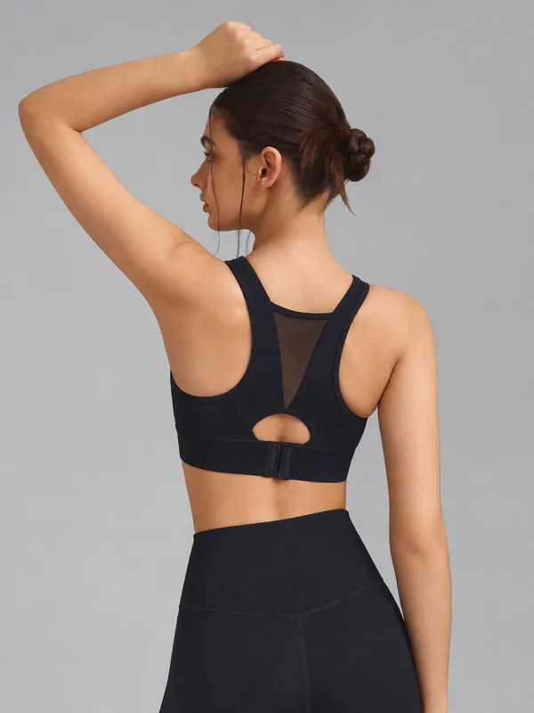 Mesh-Back Racerback Sports Bra, Black, model, back