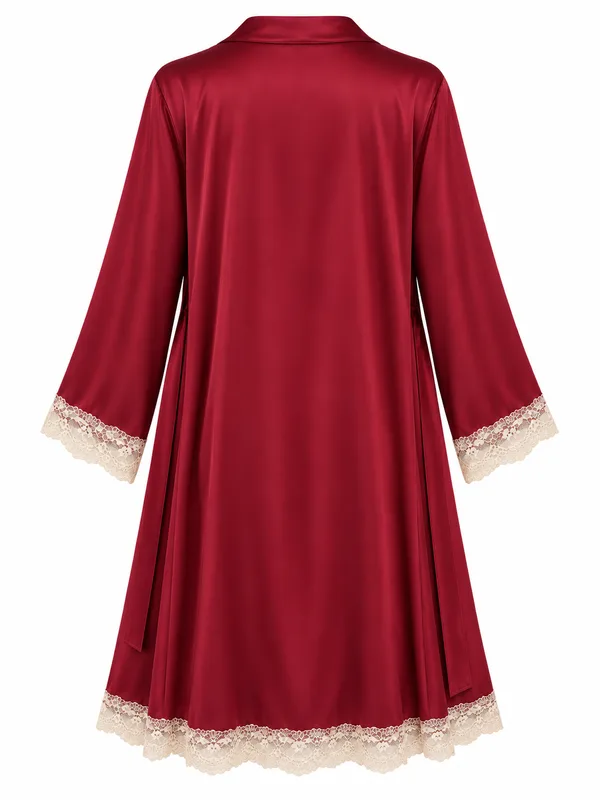 Lace-Trim Satin Slip Dress, Burgundy, studio, back