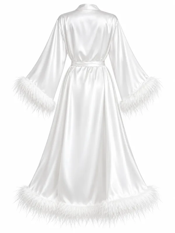 Feather-Trim Satin Long Robe, White, studio, back