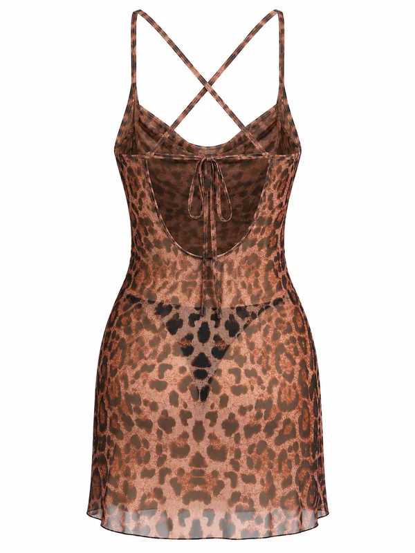 Mesh Leopard-Print Slip Dress, Leopard Print, studio, back