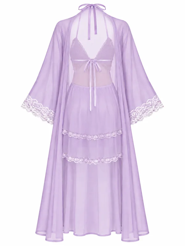 Butterfly Lace-Trim Mesh Babydoll and Sheer Robe, Light Purple, studio, back