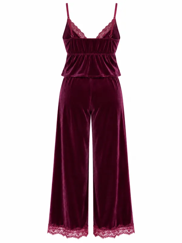 Lace-Trim Velvet Camisole And Wide-Leg Pant, Purple, studio, back