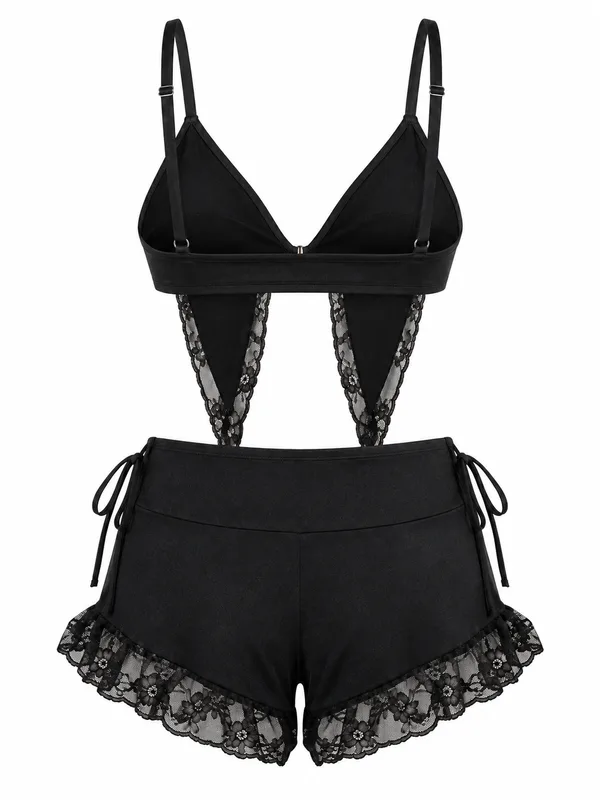 Lace-Trim Bralette and High-Waisted Shorts, Black, studio, back