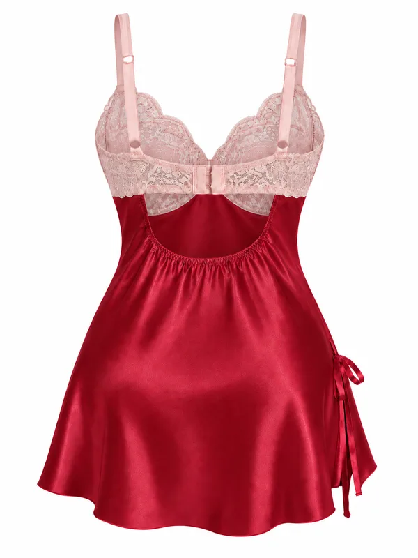 Lace-Trim Satin Babydoll, Burgundy, studio, back