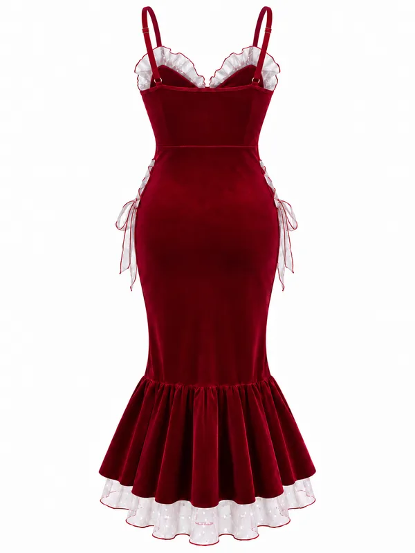 Ruched Velvet Mermaid Slip, Burgundy, studio, back