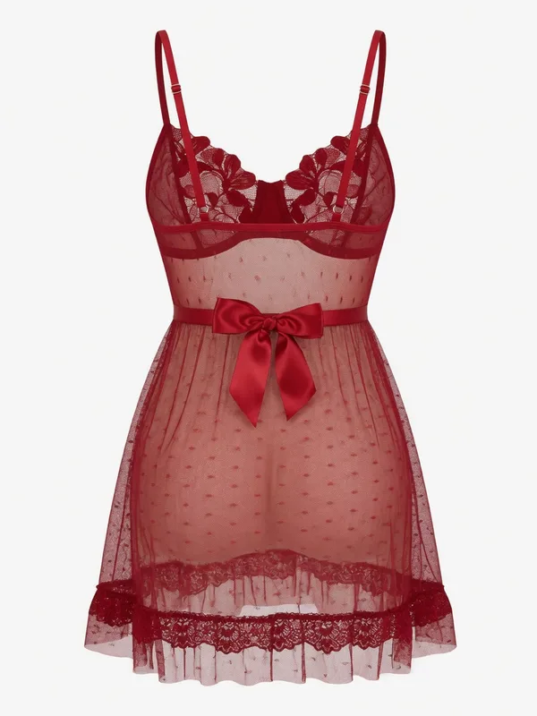 Lace-Trim Polka-Dot Mesh Babydoll, Red, studio, back