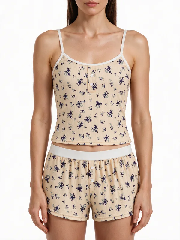 Floral Print Ribbed Cami Top and Button-Front Shorts in Beige