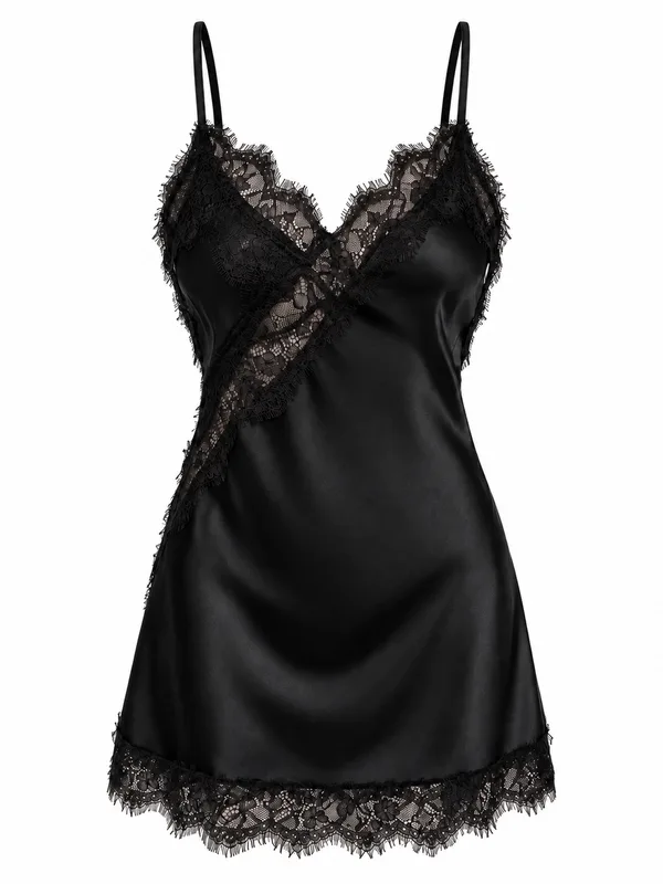Lace-Trim Satin Slip, Black, studio, front