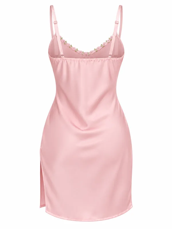 Lace-Trim Floral Satin Slip, Pink, studio, back
