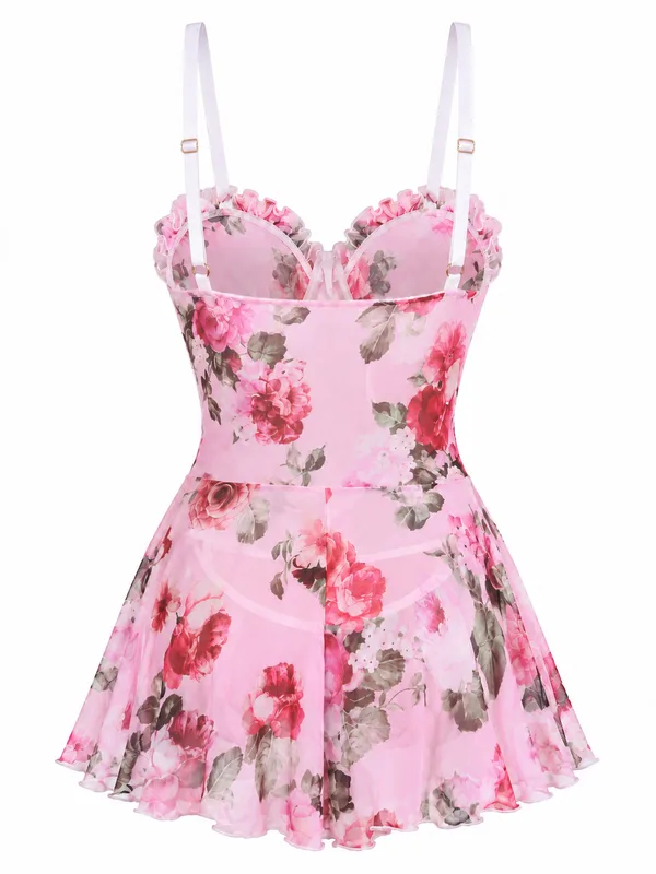 Ruffle-Trim Floral Mesh Babydoll, Pink, studio, back