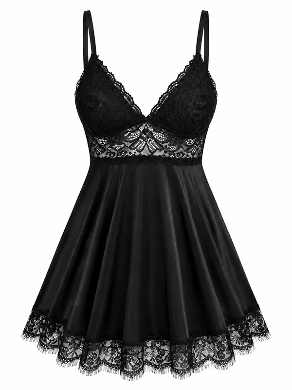 Lace-Trim Satin Babydoll, Black, studio, front