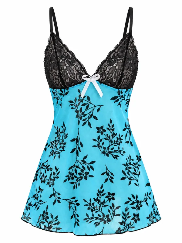Lace Mesh Floral Babydoll, Blue, studio, front