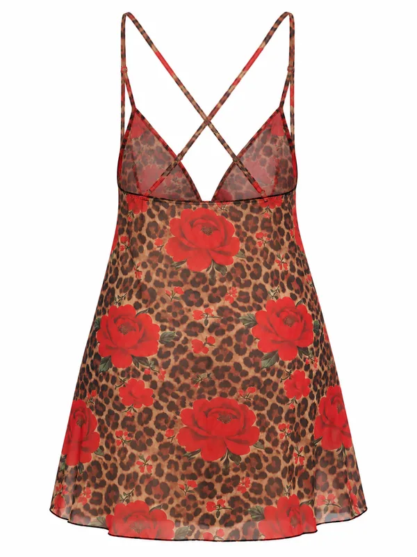 Leopard Rose Print Mesh Babydoll, Leopard Print, studio, back