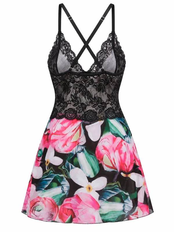 Lace Bodice Floral-Print Babydoll, Black, studio, back